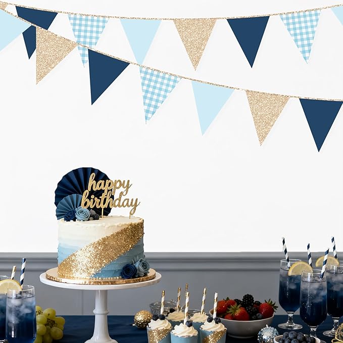 Navy Blue Champagne Gold Dusty Blue Buffalo Plaid Pennant Banner Flag Hanging Glitter Paper Triangle Bunting for Birthday Baby Shower Wedding Bachelor Retirement Nautical Party Decorations Supplies