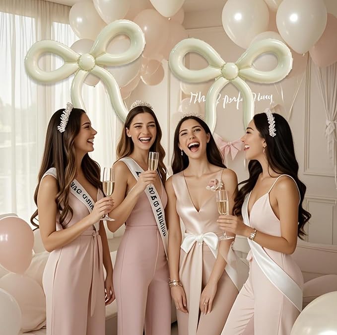 6 Pcs Beige Bow Balloons Cream White Bow Decorations for Girls Women Bow Themed Birthday Party Supplies for Baby Shower, Gender Reveal, Wedding, Bachelorette, One Silly Goose Event Decor