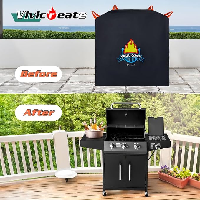 Vivicreate Waterproof BBQ Grill Cover 48 Inch Heavy Duty 420D Fabric Outdoor Barbecue Cover Weatherproof UV Protection Windproof Fits Weber Char-Broil Nexgrill Traeger Smoker Parrilla