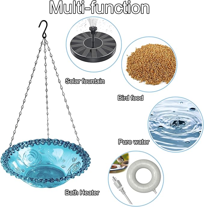 3-Tier Hanging Solar Bird Bath Fountain, Solar Pump Cascading Water Feeder with 16.4FT Extra Long Cord, Large Bird Bowl for Hummingbirds Wild Birds (4PCS-Bule)