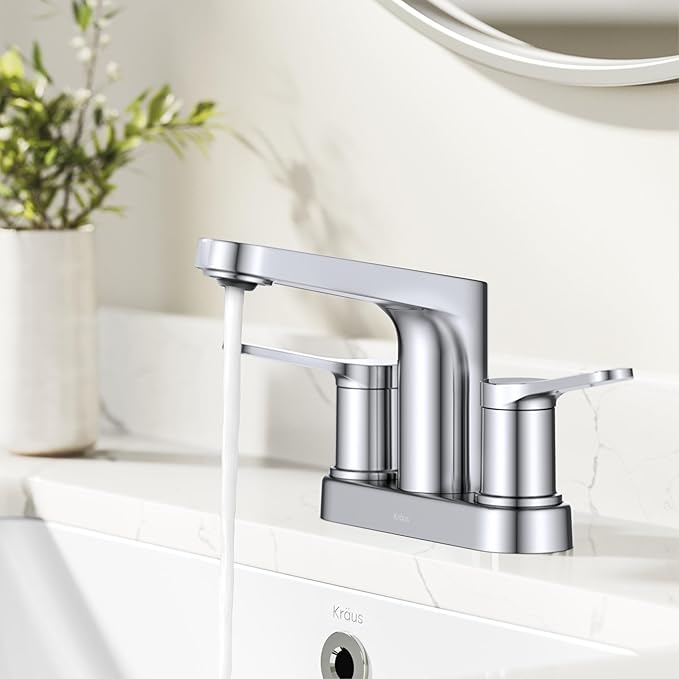 KRAUS Indy Centerset Bathroom Faucet in Chrome with 2 Handles, Pop Up Drain and Supply Lines, FUS14102CH