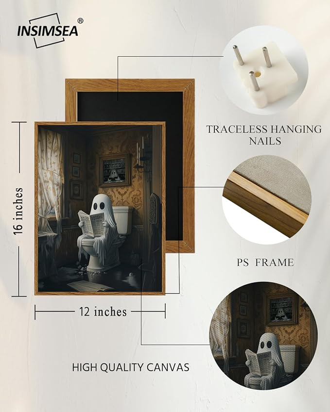 InSimSea Framed Canvas Prints Art Vintage Decor, Ghost on Toilet Bathroom Painting, Rustic Dark Academia Wall Art, Halloween Living Room Witchy Room Wall Cottagecore Decor, 12x16inch