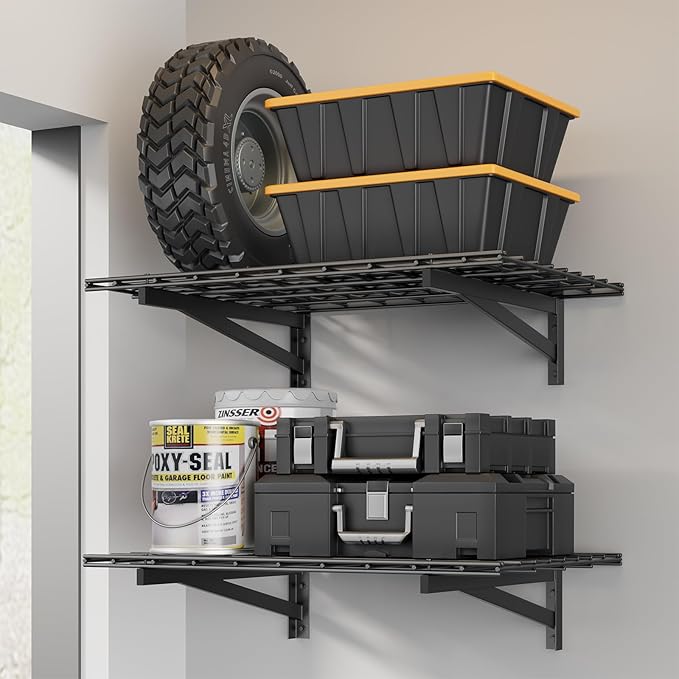 Jusgym 2 Pack Heavy Duty Garage Wall Shelving Set, Wall Mounted Garage Shelves