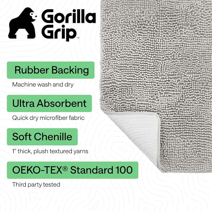 GORILLA GRIP Bath Rug Mat 54x24, Soft Absorbent Chenille, Quick Dry Microfiber Mats, Rubber Backing Washable Shower Floor Rugs, Bathmat Runner, US Designed Bathroom Home Decor Accessories Light Gray