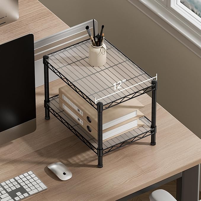 SINGAYE 2 Small Shelves Kitchen Storage Shelf Wire Shelving Unit Metal Shelf Adjustable Organizers Storage Shelving for Office Pantry Black 12" D X 18" W X 12" H