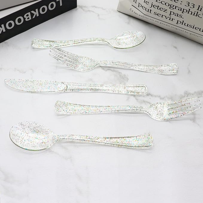 150 Pack Clear Plastic Silverware - Disposable Cutlery with Colorful Design, Includes 50 Forks, 50 Knives, 50 Spoons for Birthday, Wedding, Baby Shower