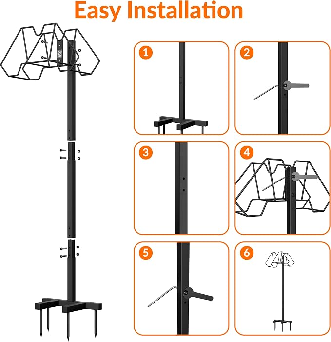 Giraffe Tools Garden Hose Holder Freestanding Heavy Duty Water Hose Holder Metal Stand, Holds 150FT Hose with 4 Spikes,Sturdy Hose Storage Stand for Outside Yard,Lawn,Garden,Black
