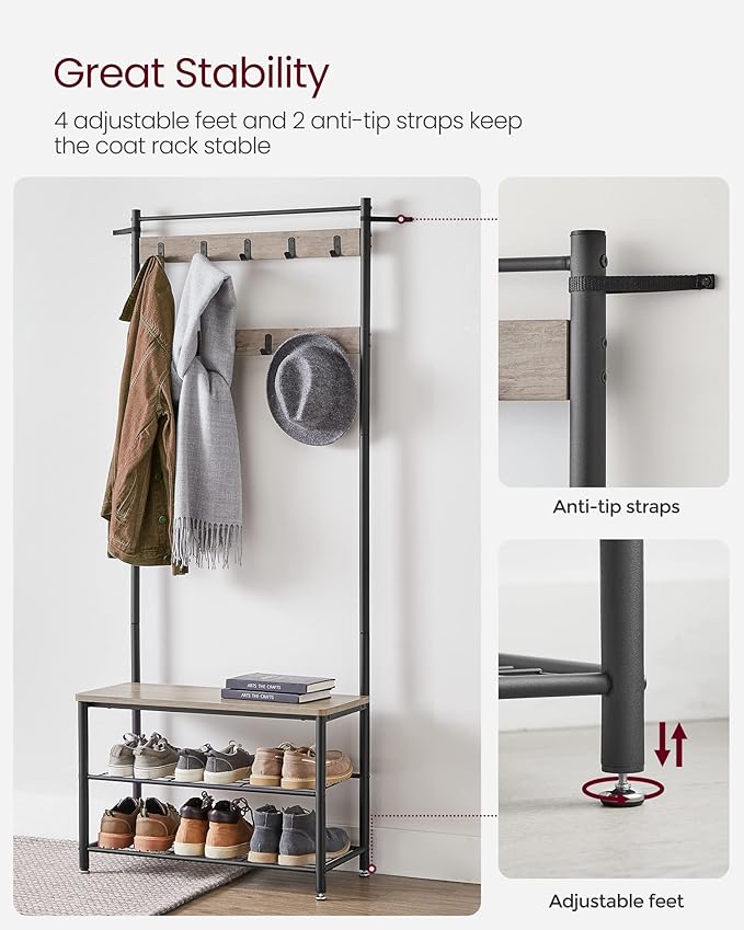 VASAGLE Coat Rack, Hall Tree with Shoe Storage Bench, Entryway Bench with Shoe Storage, 3-in-1, Steel Frame, for Entryway, 12.6 x 27.6 x 68.9 Inches, Industrial, Greige and Black UHSR41MB