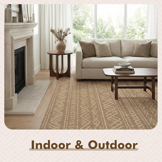 MontVoo-Outdoor Rug-Patio Rug 8x10 Polypropylene Indoor Outdoor Rug Outdoor Carpet for Patio Deck Balcony Porch, Textured Weave, Durable for High Traffic, Fade-Resistant, Boho Farmhouse Neutral Brown