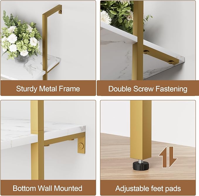 aboxoo Ladder Shelf 2PCS White Marble Bookshelf 5-Tier Wall-Mounted Wood Rack