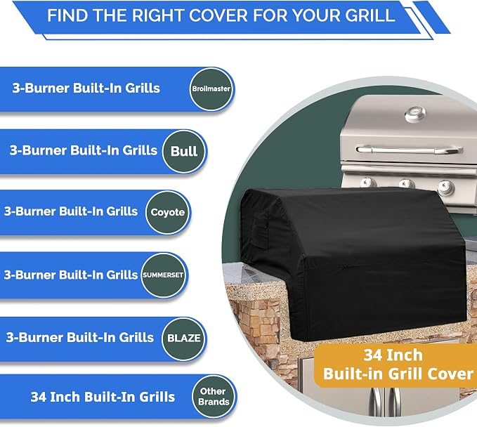 Covers & All Built-in Grill Cover for Outdoor Grill – Heavy Duty 12 oz Waterproof Built-in BBQ Grill Cover, PVC-Coated Polyester with Elastic Hem for Snug Fit (34 x 26 x 24 inches, Black)