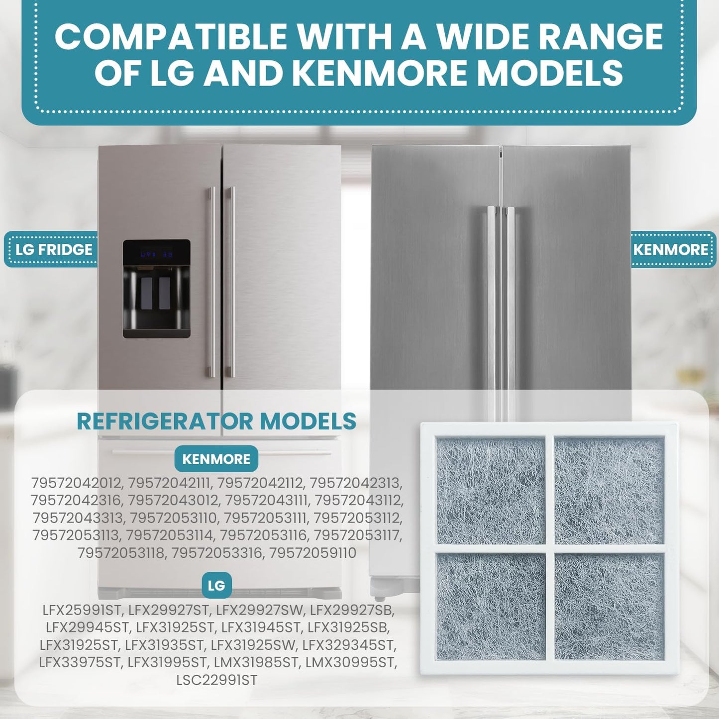 LT120F Refrigerator Air Filter Compatible with LG Refrigerator Air Filter Replacement ADQ73214404, LMXS30776S, Kenmore Elite 9918, 3 Pack