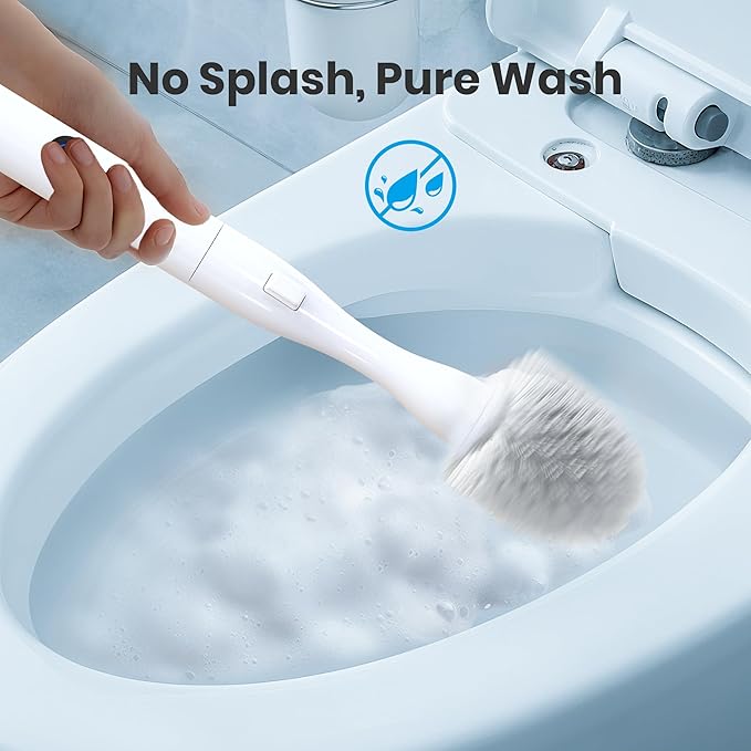 Electric Toilet Brush with Holder, Hands-Free Auto-Clamp Toilet Scrubber with 3 Replacement Heads (Silicone/Nylon/Disposable) and Gap Brush, Compact Bathroom Cleaning Set for RV
