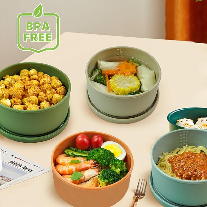 XU&PEIQI 24oz Silicone Food Storage Containers,Round Bowls with Lids - Meal Prep Containers for Kitchen Serving, Salad & Lunch - Airtight, Microwave/Fridge/Dishwasher Safe, BPA-Free (Beige)