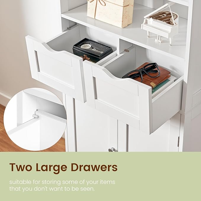Iwell Tall Bathroom Cabinet, Storage Cabinet with 2 Drawers & Adjustable Shelves, Bathroom Storage Cabinet for Living Room, Dining Room, Entryway, White