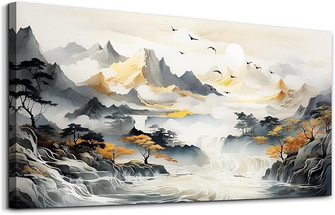 hyidecorart Framed Canvas Wall Art For Living Room Large Size Wall Decorations For Office Bedroom Wall Decor Mountain Landscape Wall Paintings Abstract Wall Pictures Modern Artwork Home Decor 24X48