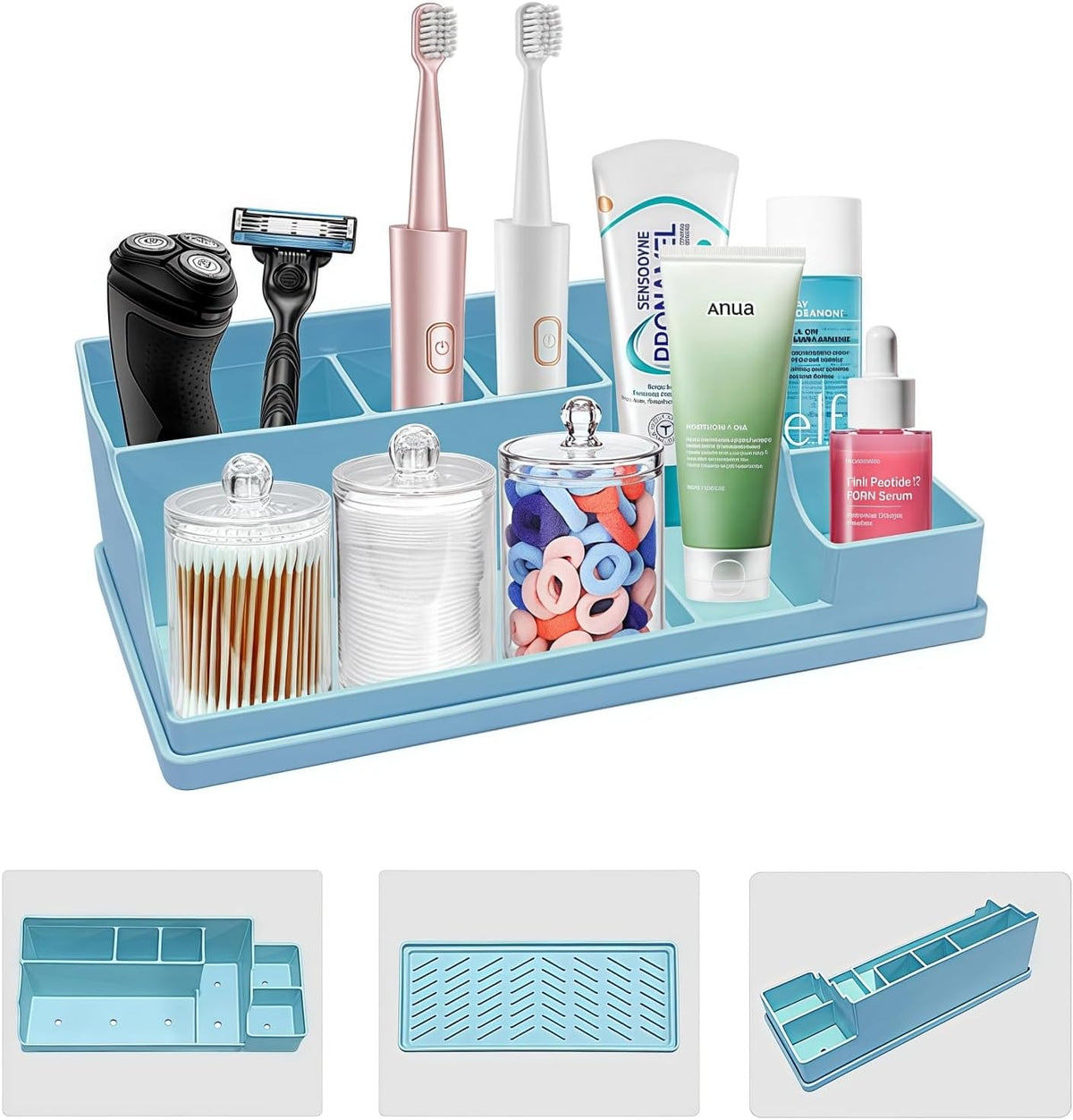 Silicone Multifunctional Bathroom Organizer Countertop,7Compartment Silicone Cosmetics Storage Organizer, Bathroom Countertop Accessories Storage,Toothbrush Stand for Vanity Office Sink, Blue