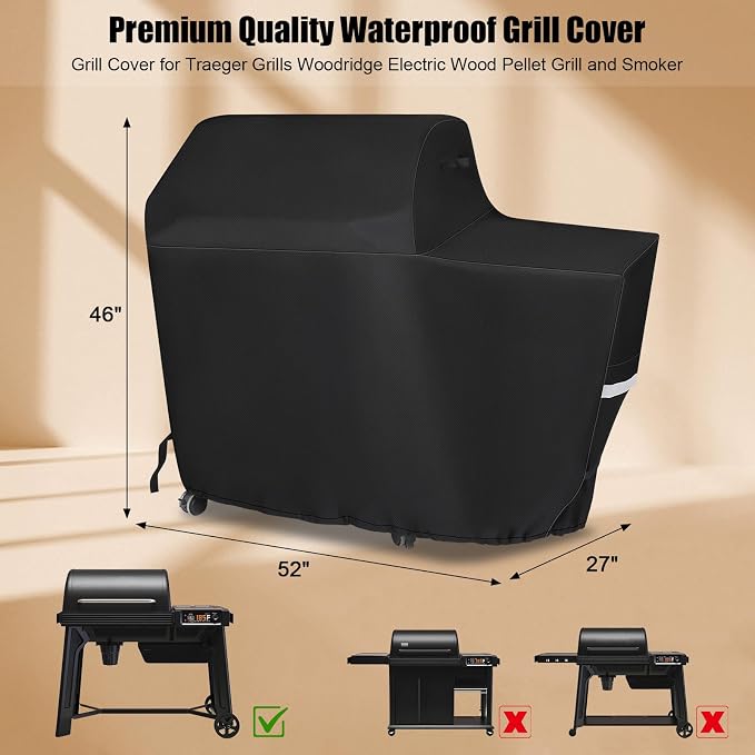 Grill Cover for Traeger Woodridge Electric Wood Pellet Grill and Smoker - 600D Heavy Duty Waterproof BBQ Cover for Traeger Grills BAC761 TFB86MLH Full-Length All Weather Grill Cover Accessory