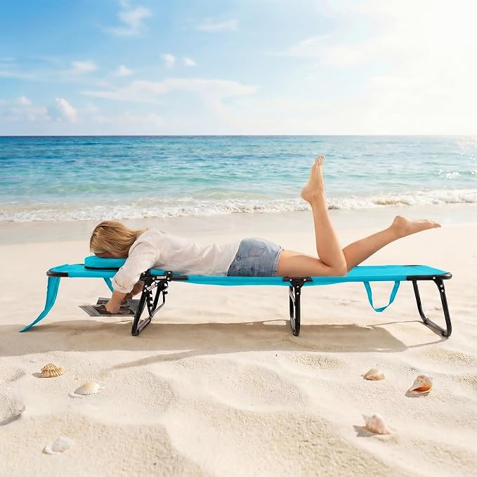 Folding Beach Lounge Chair w/ 5 Adjutable Backrest & Padded Pillow, Sunbathing Lounger Chair, Sun Tanning Lay Flat Chair for Seaside Pool Deck, Max Load 330 LBS, No Assembly Required (Navy)