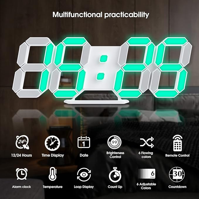 3D LED Digital Wall Clock 9.7" RGB Neon Alarm Clock, Large Display Desk/Wall