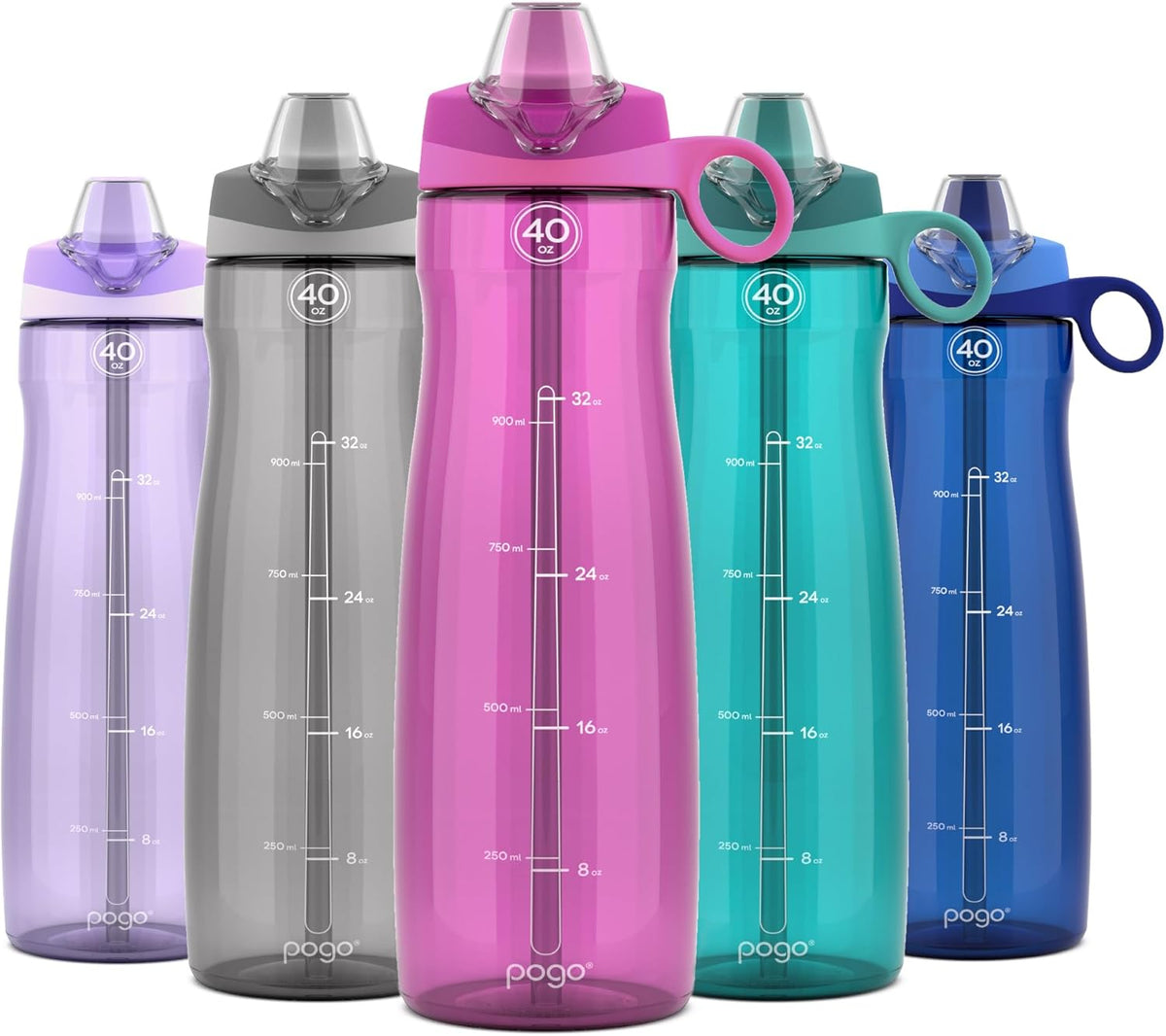 Pogo Plastic Water Bottle with Straw Lid and Carry Handle, Reusable, BPA Free, Dishwasher Safe, Perfect for Travel, School, Outdoors, and Gym | 32oz, 40oz