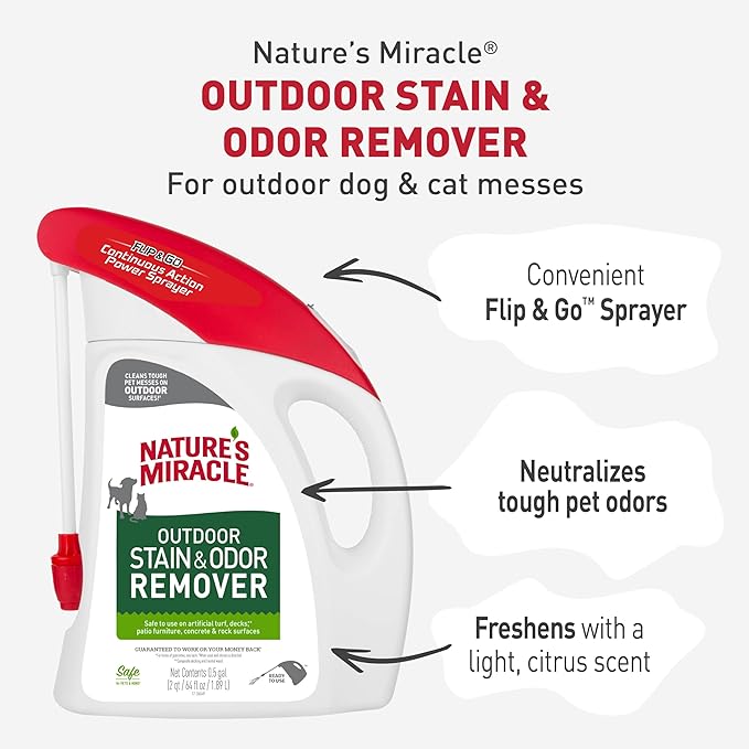 Nature’s Miracle Outdoor Stain & Odor Remover, 64 fl oz, Removes Dog & Cat Messes, Convenient Flip & Go Sprayer, Ready-to-Use, Multi-Pet & Multi-Mess Formula