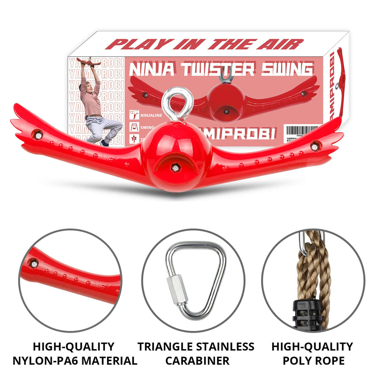 Ninja-Twister Swing Spins Set: Slackline Attachments - 360° Handle Twist-Spin Flips Toy Activate Ninja Powers Warrior Accessories Kids Hang Toys for Playground Backyard, Red