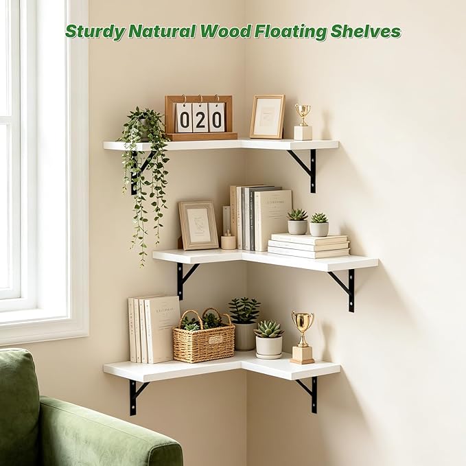 NATURE'S SOURCE Corner Floating Shelves Set of 3, Corner Shelves Wall Mounted