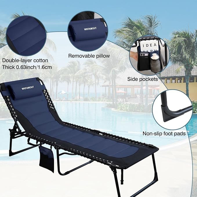 Oversized Padded Outdoor Folding Lounge Chair for Adults 330Ibs Patio Chaise Lounge Chair for Outside Adjustable 5-Position Reclining Beach Chair with Pillow Pocket