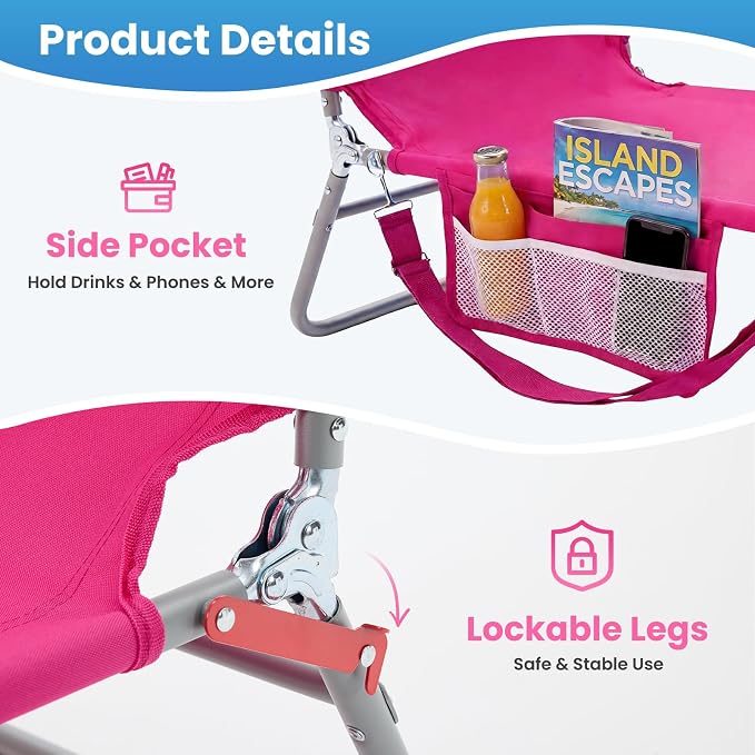 DUMOS Lounge Chair Outdoor, Beach Tanning Chair with Face Hole, Pink | 5-Position Adjustable Sunbathing Tanning Chair, Foldable Portable Chaise Lounge by Pool Patio Lawn Camping Reading, Arm Hole