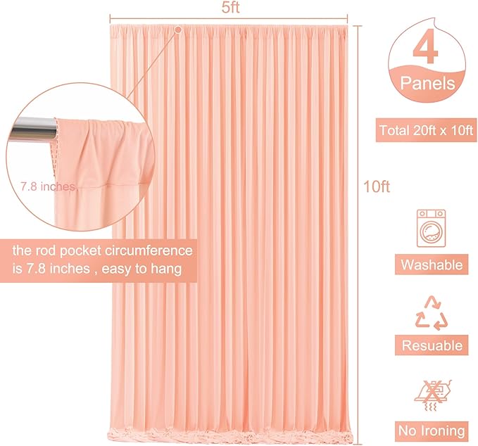 4 Panels Peach Backdrop Curtain for Parties Baby Shower Wrinkle Free Peach Photo Curtains Backdrop Drapes Fabric Decoration for Wedding Birthday Party 20ft(W) x 10ft(H)