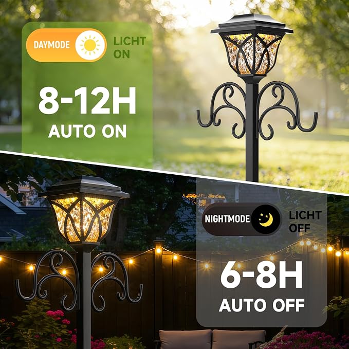 New Upgraded 3-in-1 Garden Hose Holder with Solar Light & Shepherds Hooks | Stores 160" Hose, Freestanding with Double Hooks for Hanging Decor - Perfect for Outdoor Yard, Lawn & Patio at Night