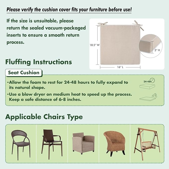 MIULEE Beige Outdoor Chair Cushions Set of 4, 18.5x16x3 Inch Waterproof Patio Seat Cushions for Outdoor Furniture Couch Sofa, 3 Year Color Fastness High Density Foam with Adjustable Ties