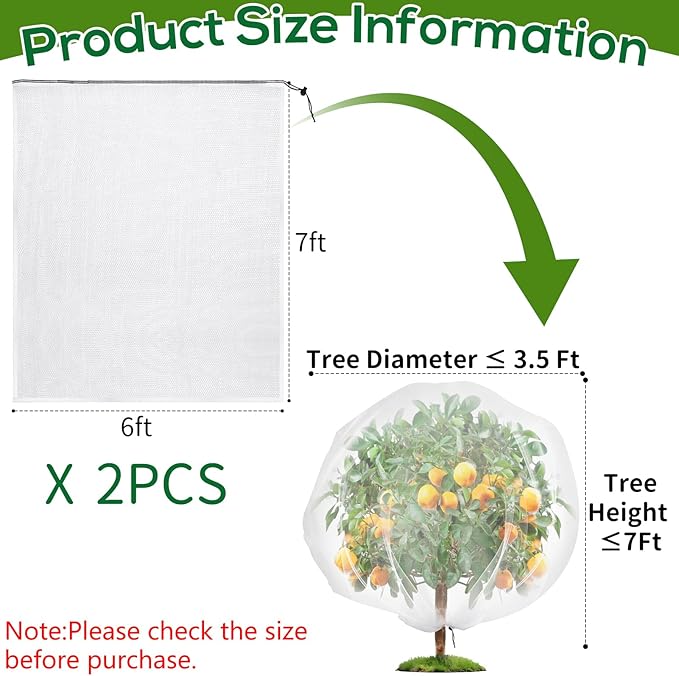2PCS Fruit Tree Netting with Drawstring, 7 x 6ft Ultra-Fine Mesh Garden Insect & Bird Protection Cover, Breathable Reusable Tree Netting for Citrus, Apple, Peach & Shrubs