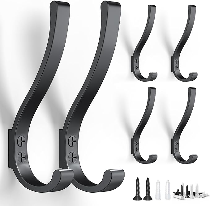 6-Pack Heavy Duty Coat Hooks for Wall Mount - Durable Wall-Mounted Hooks for Hanging Coats, Backpacks & Bookbags, Rust-Resistant Coat Hanger Hooks for Entryway, Garage, Dorm
