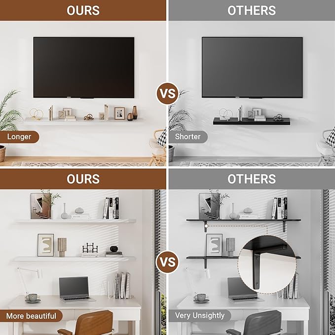 40 Inches Floating Shelves for Wall, 9.3" Deep White Long Floating Shelves Set