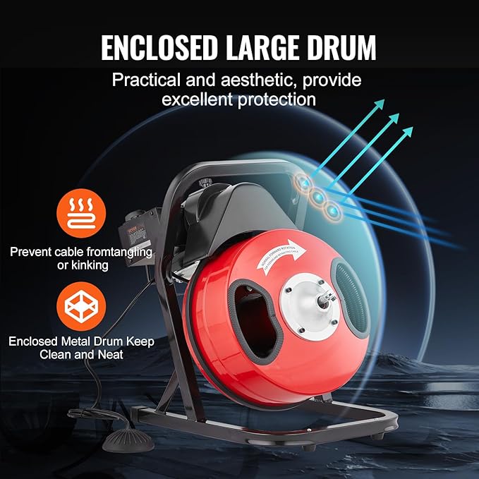 VEVOR Drain Cleaner Machine 50FT x 1/2 Inch, Manual Feed Sewer Snake Auger - with 4 Cutters & Air-activated Foot Switch for 2" to 4" Pipes