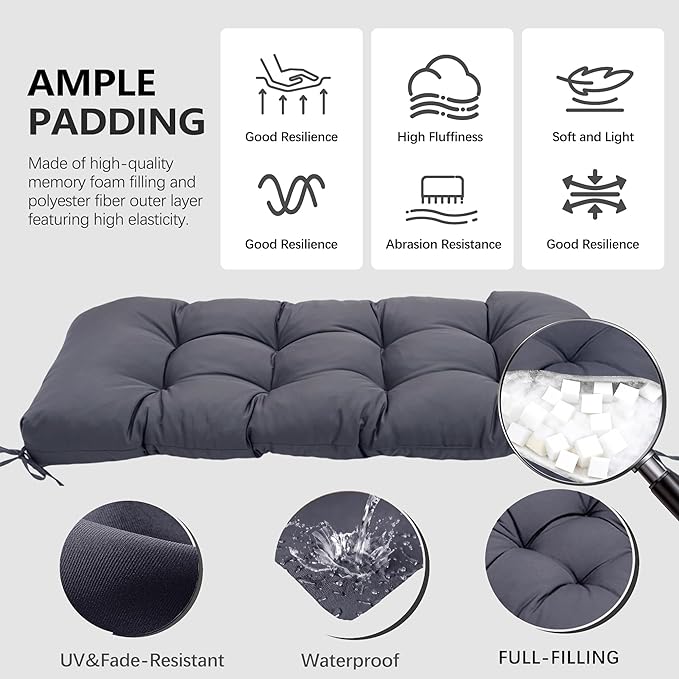 3 Pcs Wicker Chair Cushions Patio Loveseat Chaise Cushion Set - 1200D 47x19*4 Inch Waterproof Wicker Bench Cushions with 2 19x19x4 Inch Chair Cushions for Garden Porch Wicker Patio Furniture(Grey)