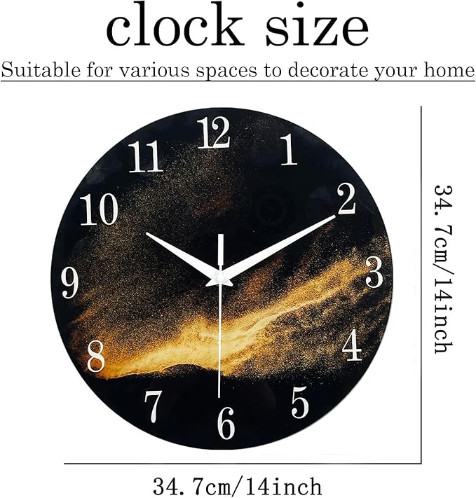 Black Wall Clock for Living Room 14 Inch Glass Analog Wall Clock Battery