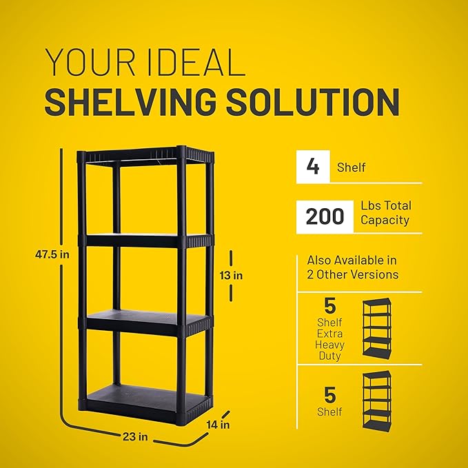 Plano 4-Shelf Plastic Storage Shelves, 48” x 23” x 14”, 200lb Capacity, Pantry, Office, Closet and Garage Shelves, Easy to Assemble, Durable Plastic Shelving Unit