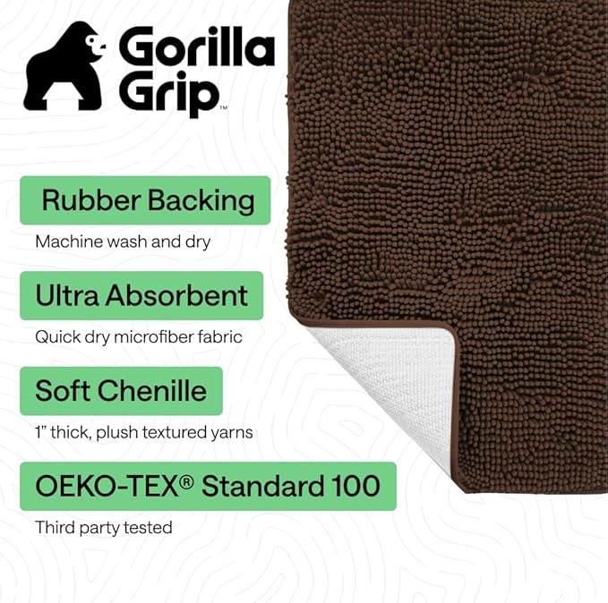 GORILLA GRIP Bath Rug Mat 48x17, Thick Soft Absorbent Chenille, Quick Dry Microfiber Mats, Rubber Backing Washable Shower Floor Rugs, Bathmat Runner, US Designed Bathroom Home Decor Accessories Brown