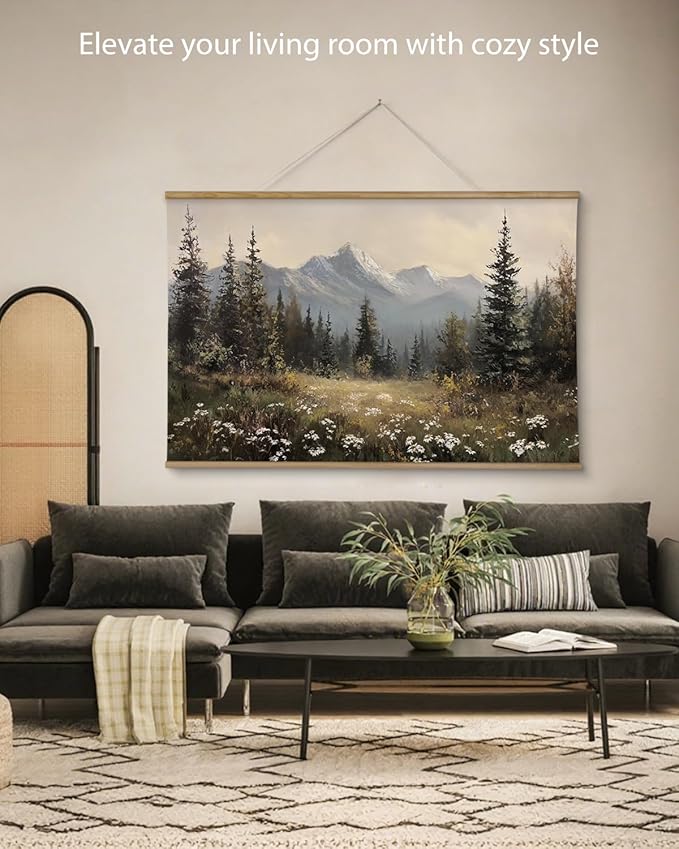 ARPEOTCY Extra Large Vintage Framed Wall Art, 36x54 Inch Wildflower Mountain Forest Hanging Framed Canvas Prints Scroll Wall Art Decor for Living Room Bedroom, Retro Scenery Pictures Above of Bed
