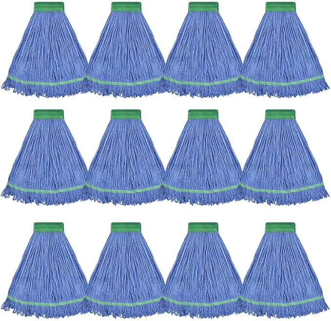 Onesimus 18 oz Heavy Duty Mop Head Replacement, 5 Inch Headband for Quick Change Handle, Blue Loop-End Cotton Blend String Wet Dry Floor Mop Refill, Medium Size, Case Pack of 12 Pcs