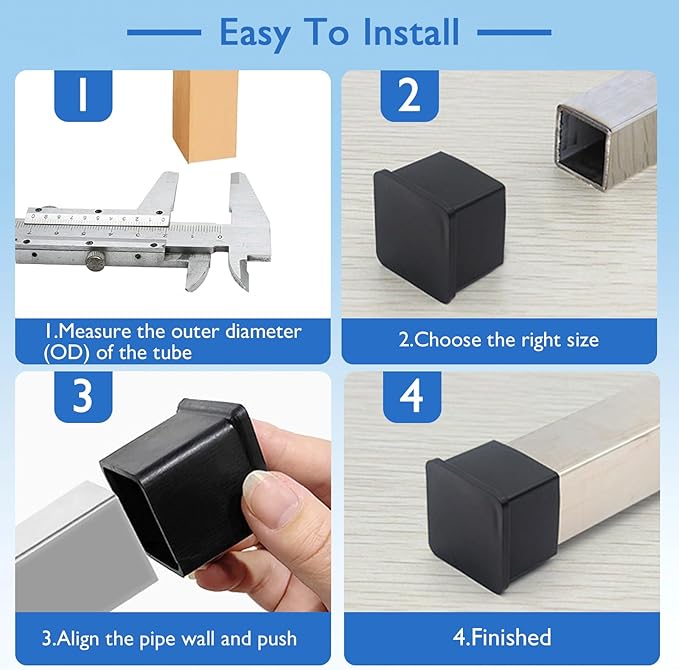 16 Pcs 2" x 2" Square Rubber Chair Leg Caps, PVC Table Leg Covers, Flexible & Anti-Slip Furniture Leg End Caps, Chair Leg Floor Protectors for Bar Stool Leg Patio Indoor, Black