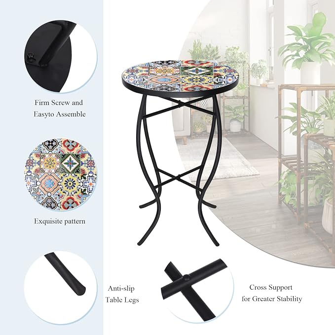 VCUTEKA Mosaic Side Table, 21" Round End Table with 14" Ceramic Tile Top, Indoor Patio Accent Table for Yard, Garden, Living Room, Bistro Balcony or Lawn
