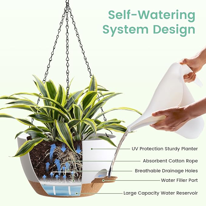 UOUZ 4 Pack 8 Inch Self Watering Hanging Planters for Indoor Outdoor Plants，Hanging Pots for Plants with Drainage Removable Tray, Hanging Baskets Flower Pots for Pothos Garden Porch White with Brown