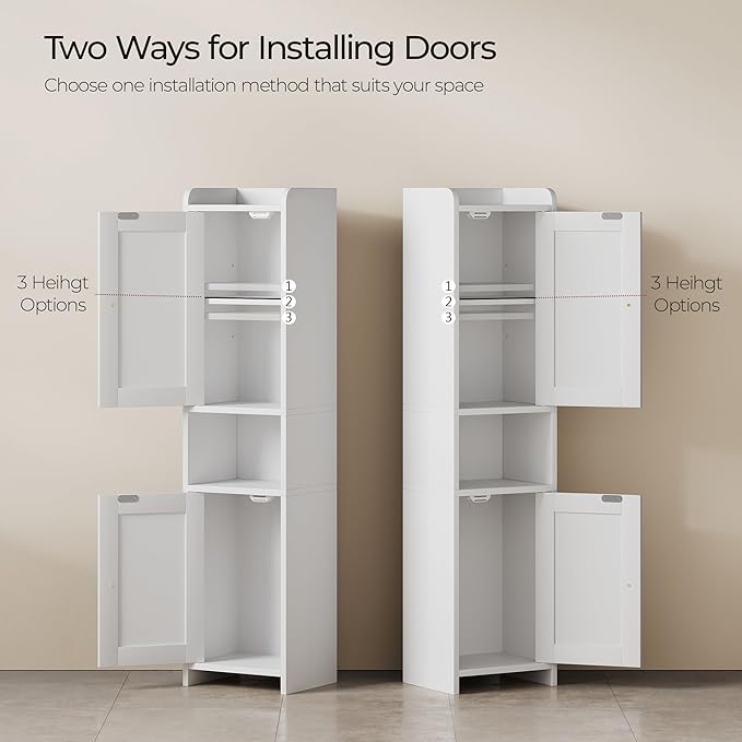 Bathroom Cabinet with 2 Doors, 7.3 x 9.8 x 40.4 Inches, Small Freestanding Storage Cabinet with Adjustable Shelf, Floor Cabinet for Small Spaces, Bathroom, Entrances, Kitchen, White