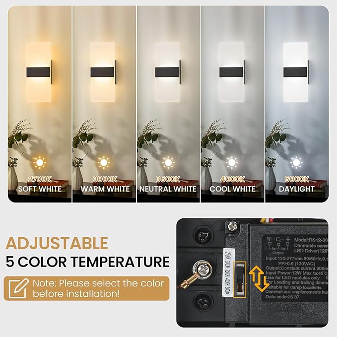 Modern LED Wall Sconces, 12 Inch Indoor Black Wall Lights, 12W 2700K-5000K