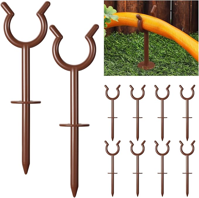 Taiyin 10 Pcs 3/4'' Garden Hose Holder Brackets Garden Guide Holder Decorative Outdoor Guide Stakes Support Spike Plant Tool to Keep off Lawn for Yard (Brown)
