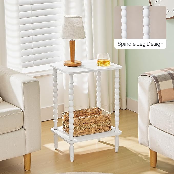 HOOBRO End Table, 2-Tier Small Side Table with Spindle Legs, Nightstand with Storage Shelves, Sofa Side Table, for Small Space, Living Room, Bedroom, White WT189BZ01